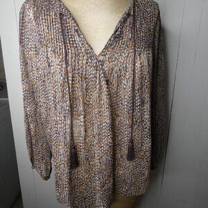 Joie Women's M 100% Silk Semi Sheer Blouse Tassel Top Long Sleeve Boho